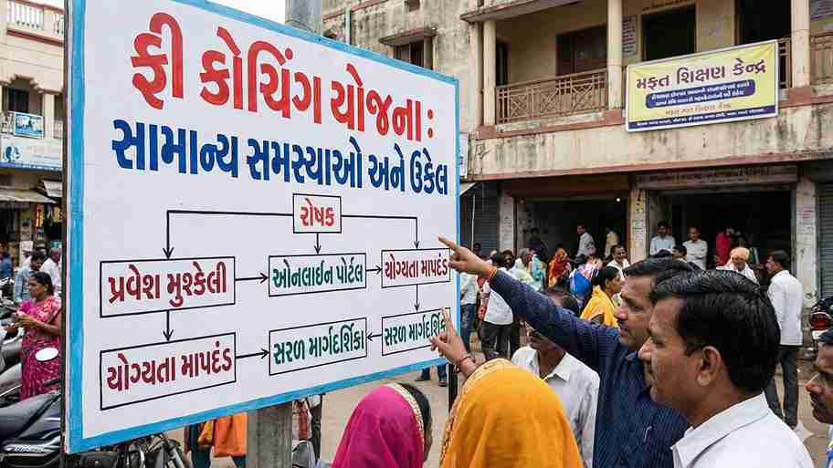 મફત કોચિંગ યોજના માટે માર્ગદર્શન આપતા અધિકારીઓ અને વિદ્યાર્થી